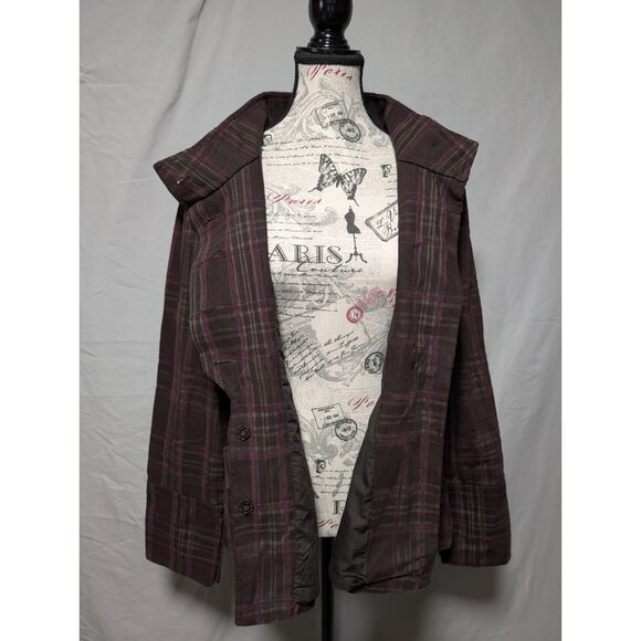 DKNY Jeans Women's Brown Purple Plaid Button Jacket Funnel Neck Fall Coat Large - Picture 8 of 14